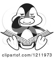Clipart Of A Black And White Happy Penguin Reading Royalty Free Vector Illustration