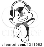 Clipart Of A Black And White Happy Penguin Wearing Headphones Royalty Free Vector Illustration by Lal Perera