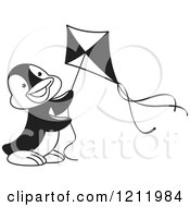 Clipart Of A Black And White Happy Penguin Flying A Kite Royalty Free Vector Illustration