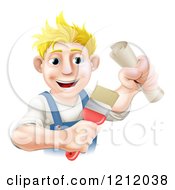 Poster, Art Print Of Happy Blond Painter Holding A Certificate And Brush