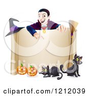 Poster, Art Print Of Grinning Vampire Pointing Down To A Halloween Scroll Sign With Black Cats Broomstick Witch Hat And Pumpkins
