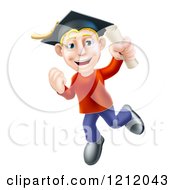 Poster, Art Print Of Happy Blond Graduate Man Jumping With A Scroll In Hand