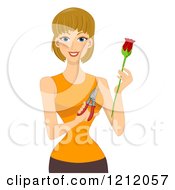 Cartoon Of A Happy Caucasian Woman Holding A Rose Cutter And A Flower Royalty Free Vector Clipart