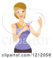 Cartoon Of A Happy Caucasian Woman Holding Scossors And Craft Paper Royalty Free Vector Clipart