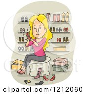 Poster, Art Print Of Blond Caucasian Woman Trying On Shoes In A Boutique