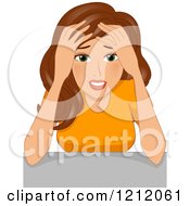 Poster, Art Print Of Stressed Brunette Caucasian Woman Resting Her Forehead Against Her Hands