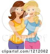Cartoon Of Brunette And Blond Caucasian Women Embracing Royalty Free Vector Clipart