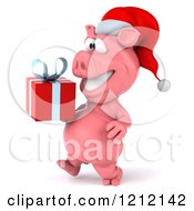 Clipart Of A 3d Christmas Pig Mascot Wearing A Santa Hat And Carrying A Present 2 Royalty Free Illustration by Julos