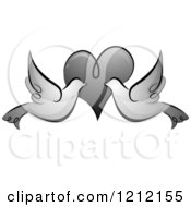 Cartoon Of A Grayscale Whimsical Dove Couple Over A Heart Royalty Free Vector Clipart by BNP Design Studio