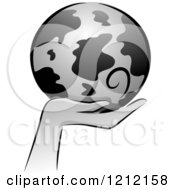 Cartoon Of A Grayscale Whimsical Hand Holding Earth Royalty Free Vector Clipart