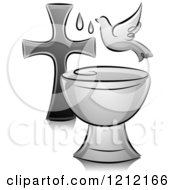 Cartoon Of A Grayscale Baptismal Dove Over A Chalis And Cross Royalty Free Vector Clipart