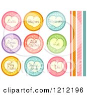 Cartoon Of Colorful Polka Dot Icons With Hearts And Organizational Toy Labels Royalty Free Vector Clipart