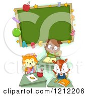 Poster, Art Print Of Cute Student Cat Dog And Fox Under A Classroom Chalk Board