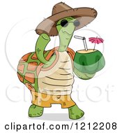 Poster, Art Print Of Tortoise Wearing A Hat Waving And Carrying A Coconut Drink