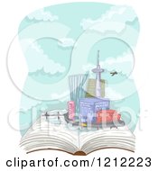 Poster, Art Print Of Plane Flying Over An Urban Cityscape On An Open Book