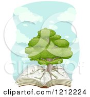 Cartoon Of A Big Tree With Roots On An Open Book Over Clouds Royalty Free Vector Clipart