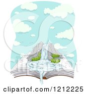 Poster, Art Print Of Large Waterfall On An Open Book Over Clouds