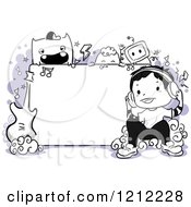 Poster, Art Print Of Music Monster And Boy Doodle Frame With Instruments And Purple