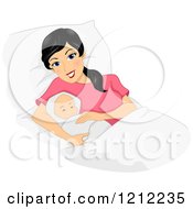 Happy Black Haired New Mom Laying With Her Newborn Baby