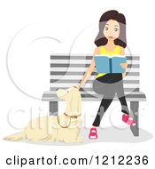 Cartoon Of A Woman Reading A Book On A Bench And Petting Her Dog Royalty Free Vector Clipart by BNP Design Studio