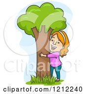 Cartoon Of A Happy Red Haired Woman Hugging A Tree Royalty Free Vector Clipart
