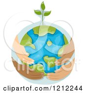 Cartoon Of A Sprouting Earth Globe Being Held By Diverse Hands Royalty Free Vector Clipart