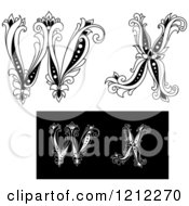 Clipart Of A Black And White Vintage Floral Letter W And X Royalty Free Vector Illustration