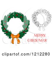 Clipart Of A Merry Christmas Greeting With Holly Wreaths Royalty Free Vector Illustration
