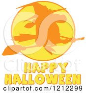 Poster, Art Print Of Happy Halloween Greetig Under A Silhouetted Flying Witch Over A Full Moon