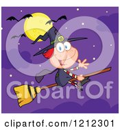 Poster, Art Print Of Full Moon And Bats Over A Halloween Witch Girl Waving And Flying On A Broomstick