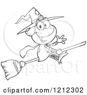 Poster, Art Print Of Outlined Halloween Witch Girl Waving And Flying On A Broomstick