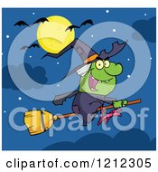 Poster, Art Print Of Halloween Witch Flying On A Broomstick Under A Full Moon And Bats