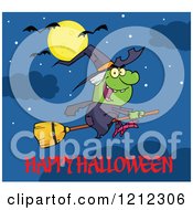 Poster, Art Print Of Happy Halloween Greeting Under A Witch Flying On A Broomstick Under A Full Moon And Bats