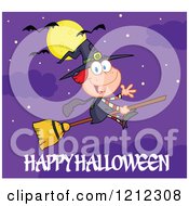 Poster, Art Print Of Happy Halloween Greeting Under A Full Moon And Bats Over A Witch Girl Waving And Flying On A Broomstick