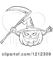 Poster, Art Print Of Outlined Scary Halloween Pumpkin With A Witch Hat And Scythe
