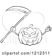 Cartoon Of An Outlined Scary Halloween Pumpkin With A Scythe Royalty Free Vector Clipart