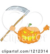Cartoon Of A Scary Halloween Pumpkin With A Scythe Royalty Free Vector Clipart