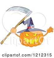 Cartoon Of A Scary Halloween Pumpkin With A Witch Hat And Scythe Royalty Free Vector Clipart