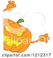 Cartoon Of A Halloween Jackolantern Pumpkin Reaching Out Around An Edge Royalty Free Vector Clipart