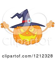 Cartoon Of A Reaching Halloween Jackolantern Pumkin Wearing A Witch Hat Royalty Free Vector Clipart