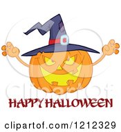 Cartoon Of A Happy Halloween Greeting Under A Jackolantern Pumkin Wearing A Witch Hat Royalty Free Vector Clipart