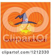 Poster, Art Print Of Happy Halloween Greeting Under A Jackolantern Pumkin Wearing A Witch Hat On Orange Swirls