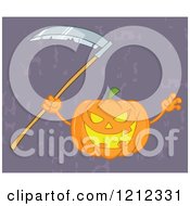 Cartoon Of A Scary Halloween Pumpkin With A Scythe Over Purple Grunge Royalty Free Vector Clipart