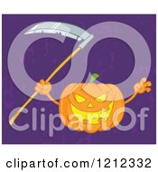 Cartoon Of A Scary Halloween Pumpkin With A Scythe Over Grungy Purple Royalty Free Vector Clipart