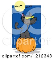 Cartoon Of A Full Moon And Bats Over A Black Halloween Cat On A Pumpkin Royalty Free Vector Clipart