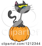Cartoon Of A Black Halloween Cat On A Pumpkin Royalty Free Vector Clipart