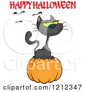 Cartoon Of A Happy Halloween Greeting And Bats Over A Black Cat On A Pumpkin Royalty Free Vector Clipart by Hit Toon