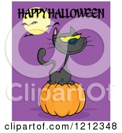 Cartoon Of A Happy Halloween Greeting Moon And Bats Over A Black Cat On A Pumpkin Over Purple Royalty Free Vector Clipart by Hit Toon