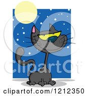 Cartoon Of A Black Halloween Cat Under A Full Moon And Night Sky Royalty Free Vector Clipart