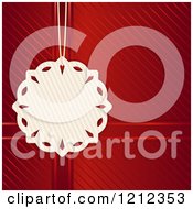 Clipart Of A Striped Christmas Gift Snowflake Gift Tag Over Red Wrapping Paper With Diagonal Lines Royalty Free Vector Illustration